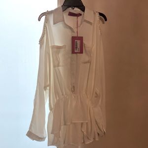 Boohoo nwt slightly sheer cream open shoulder with pearl detail button down.